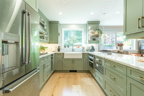 Modern U-shaped kitchen, with a sleek design, in a Sage color. 