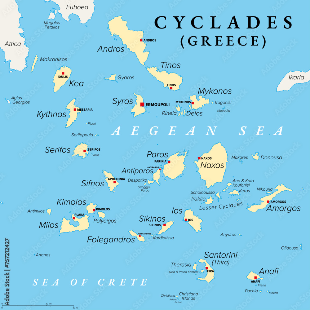 Cyclades, group of Greek islands in the Aegean Sea, political map. Southeast of mainland Greece. Cyclades means encircling and it refers to the circle, the islands form around the sacred island Delos. - obrazy, fototapety, plakaty 