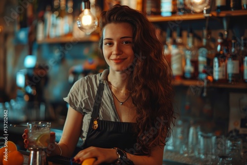 Beautiful woman preparing cocktail on the bar counter. Bartender woman concept.