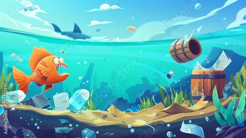 Cartoon illustration of plastic bag entangled in scared fish, a toxic barrel, waste paper and glass in the water, and a sea bottom covered in garbage. © Mark