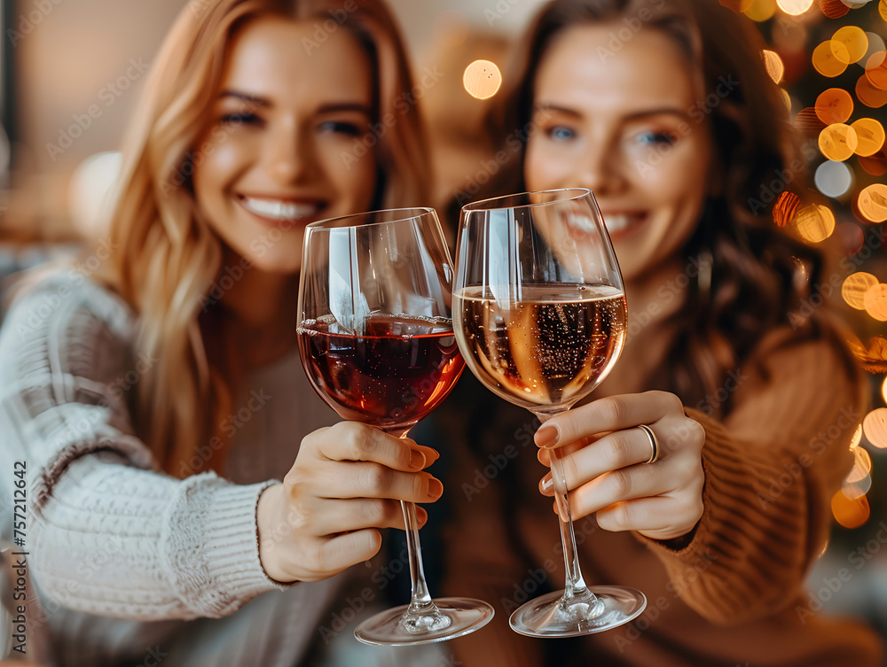 Two friends toasting with red and white wine glasses, celebrating indoors with festive lights. Friendship and celebration concept. Design for holiday greeting card, party invitation, and event banner