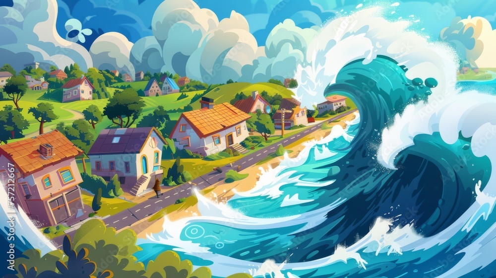 A huge tsunami waves covers private homes, roads and trees on the ocean or sea coast. Cartoon illustration of a summer landscape destroyed by a powerful earthquake.