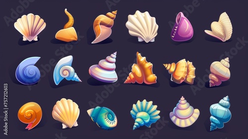 Game icons with seashell and snail conch. Set of cute marine underwater seashells for UI design. Collection of horned, spiral, and scallop clams in nautical colors.