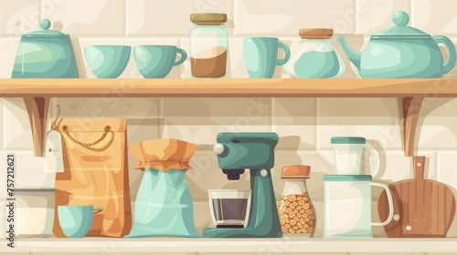 Modern cartoon illustration of a kitchen shelf with cooking equipment. There is a coffee maker and cup, paper bag, glass jars with sugar and salt, chopping board, saucepan, and wooden chopping board. photo