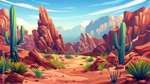 A dramatic desert landscape with cactus, red rocks and cliff mountains. Cartoon modern illustration of sandy scenery with canyons and wild cacti, set against a bright sunny sky.