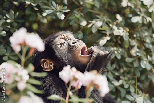 Baby Chimpanzee Yawning Amidst Blossoms