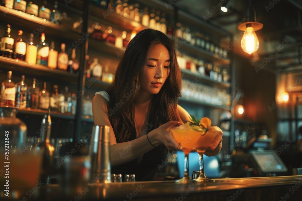 Beautiful woman preparing cocktail on the bar counter. Bartender woman concept.