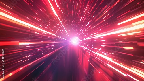 Realistic modern illustration of high speed red light warping with radial bursts. Dystopian explosion or motion circular perspective tunnel in hyperspace.