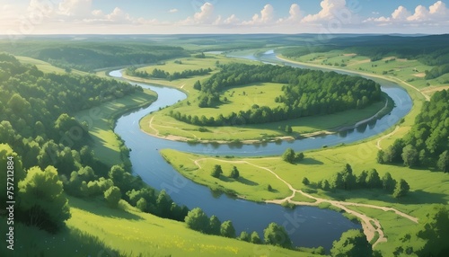 A tranquil countryside landscape with winding rivers and lush forests surrounding Dobroslav village, capturing the beauty of rural Ukraine in anime style.