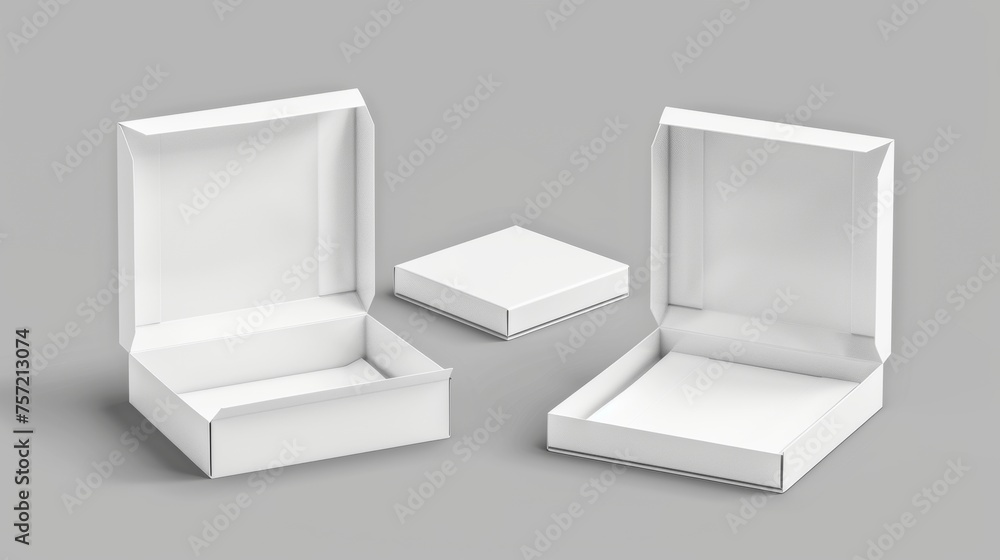 Realistic modern illustration of a white open cardboard box mockup for corporate and brand presentations. Blank rectangular carton for delivery or gift concept. Realistic modern illustration of a white open cardboard box mockup for corporate and brand presentations. Blank rectangular carton for delivery or gift concept.