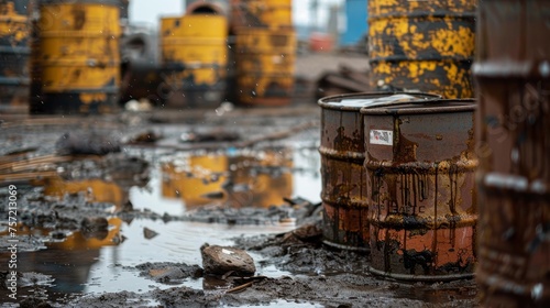 Chemically polluted site with barrels of toxic waste 