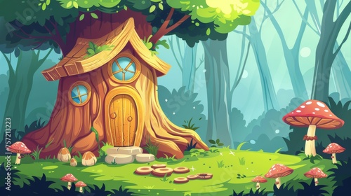 Small fairytale hut made of tree stumps. Fantastic elf hut with mushrooms, windows, and doors on lawn in woods. Cartoon modern of fabulous scenery with magical little hut.
