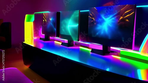 Modern gaming setup with colorful LED backlighting enhances a vibrant, virtual reality-ready room, offering an enticing escape into digital worlds photo
