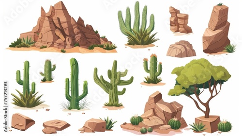Illustration set of objects representing African or Arizona scenery  cacti  trees  mountains  and stones. Cartoon illustration set of objects representing Sahara vegetation.