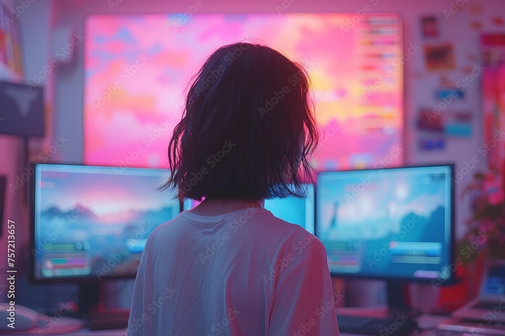  IT specialist in front of monitors and holograms with an interface and cybernetic. Concept: visualization of cybersecurity, hacker attacks, digital analytics and network monitoring topics