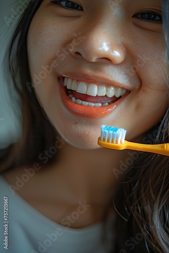 Cheerful woman with toothbrush, showcasing a bright smile.