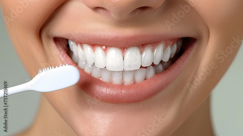 Extreme close-up of a bright smile and toothbrush, highlighting dental care.