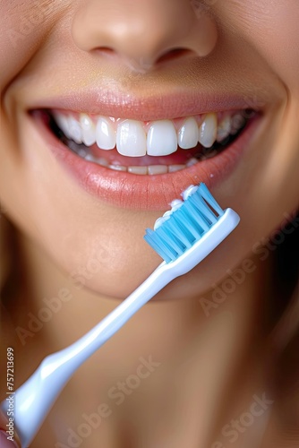 Close-up of woman's smile with toothbrush against teeth.