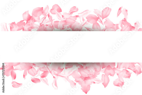 Vector frame with white place for text and flower petal confetti background. ...