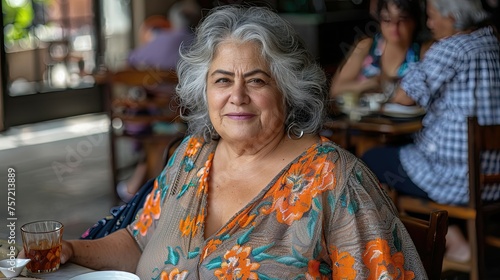 Mature woman with grey hair dining at a restaurant.