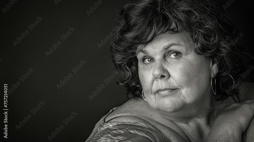 Monochrome portrait of a contemplative woman with wavy hair.