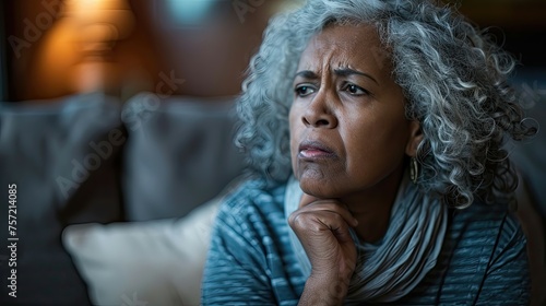 Worried elderly woman with gray hair deep in thought. photo