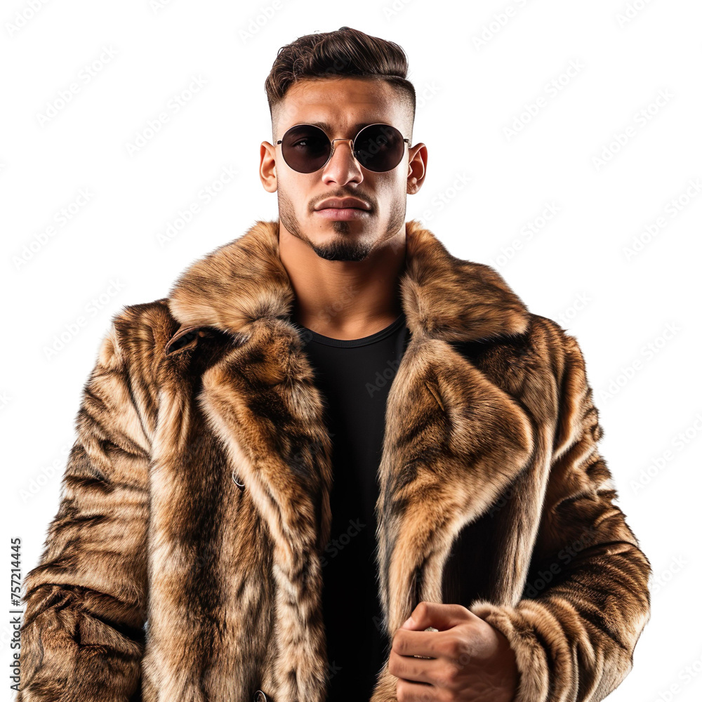 Front view mid body shot of a stylish male Latin model wearing a mink fur coat, paired with sleek sunglasses on a white transparent backdrop Front view mid body shot of a stylish male Latin model wearing a mink fur coat, paired with sleek sunglasses on a white transparent backdrop