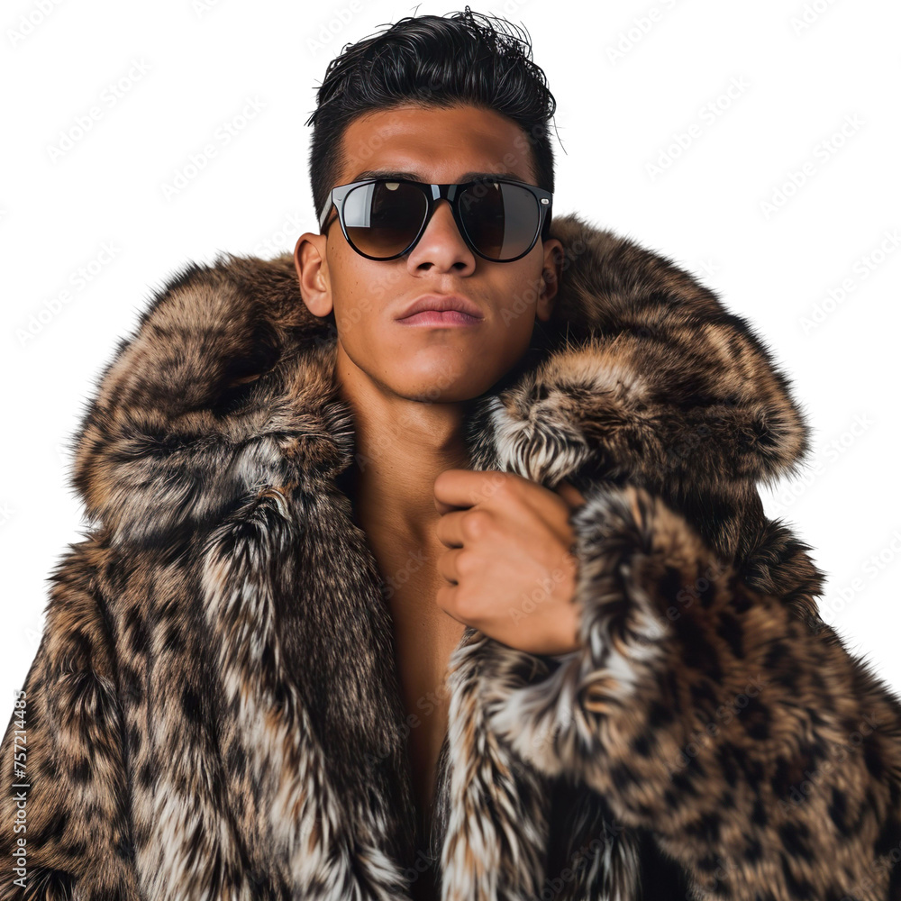 Front view mid body shot of a stylish male Latin model wearing a lynx fur coat, paired with sleek sunglasses on a white transparent backdrop Front view mid body shot of a stylish male Latin model wearing a lynx fur coat, paired with sleek sunglasses on a white transparent backdrop