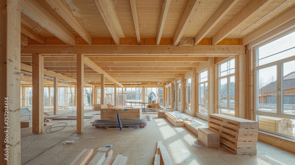 Construction site of a new home with wooden structures and materials. Construction site of a new home with wooden structures and materials.