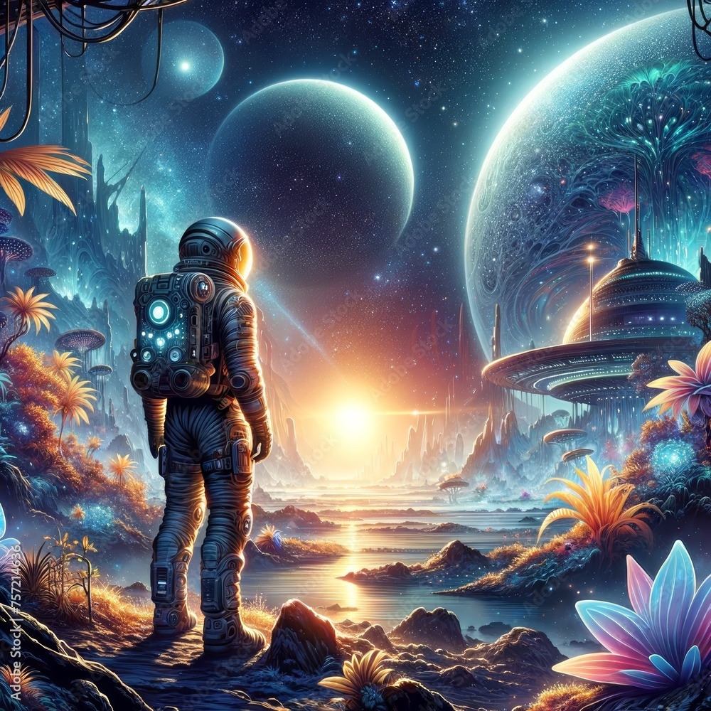Space Odyssey: Traveler at the Edge of a Cosmic Vista - obrazy, fototapety, plakaty 