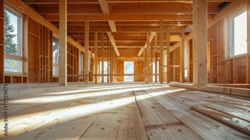 Construction site of a new home with wooden structures and materials.