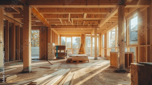 Construction site of a new home with wooden structures and materials. © Media Srock
