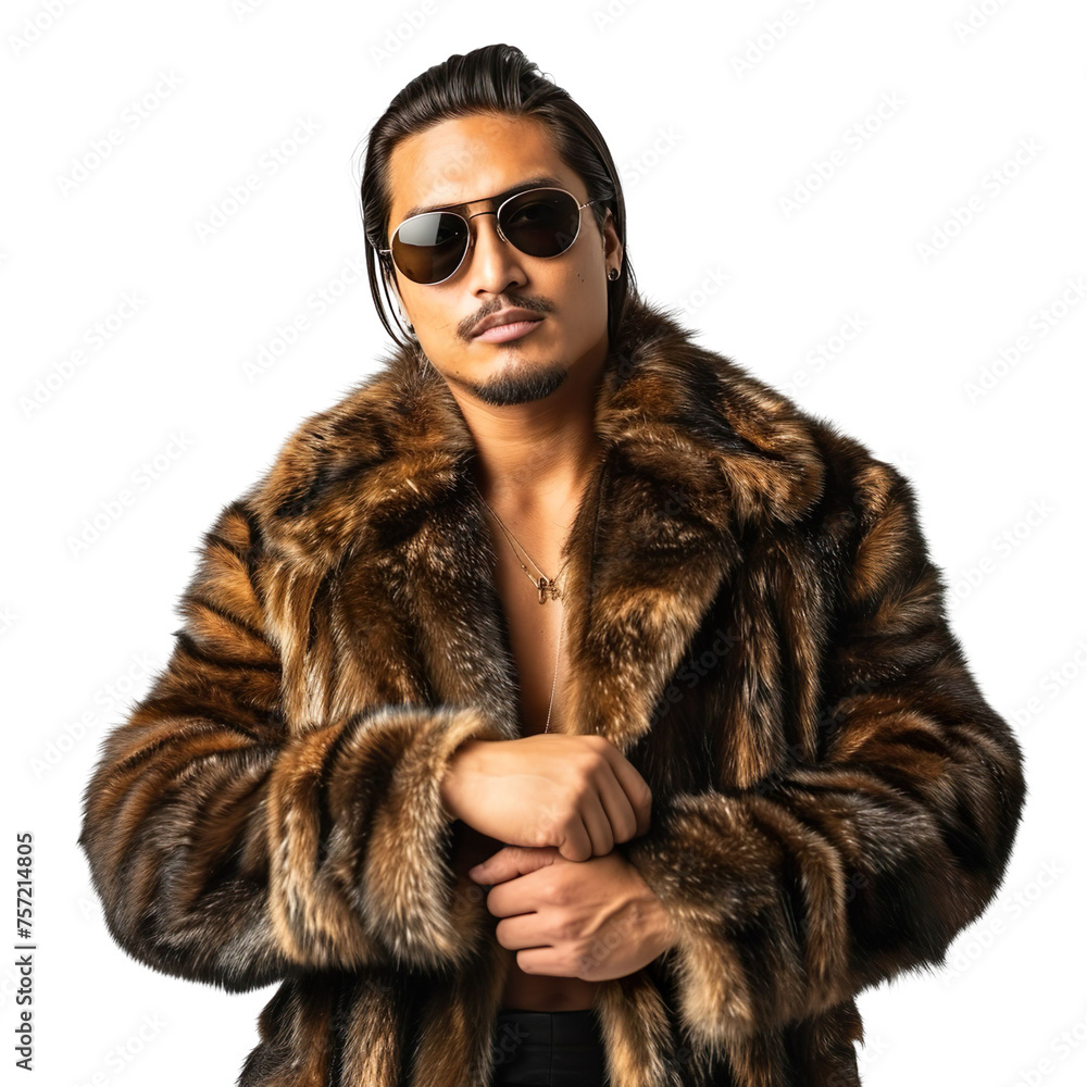 Front view mid body shot of a stylish male Latin model wearing a sable fur coat, paired with sleek sunglasses on a white transparent backdrop Front view mid body shot of a stylish male Latin model wearing a sable fur coat, paired with sleek sunglasses on a white transparent backdrop