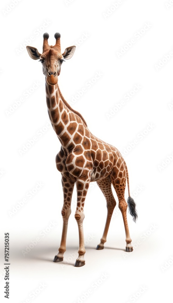 Obraz premium Cartoon Giraffe Isolated on White Background. Wild Giraffe Animal Mascot Digital Generated Illustration. Funny Cute Creation Safari Animal Symbol Character. 