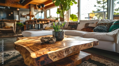 coffee table with a live-edge wood top, showcasing the natural beauty of the wood grain in a modern and organic living space