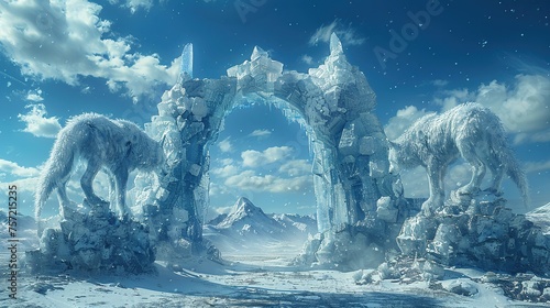 Crystal Ice Portal sculpted from ice and crystal guarded by ice wolf statues photo