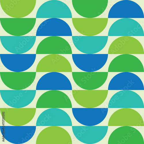 Mid century modern geometric half circles seamless pattern in green, teal and blue. For poster, home décor and wallpaper