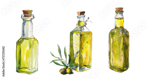 Set of watercolor glass bottles with olive oil. A glass bottle with oil and an olive branch. Olive oil png. Vector illustration.