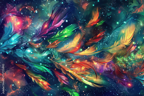 Multicolor abstract cosmic background with celestial feathers