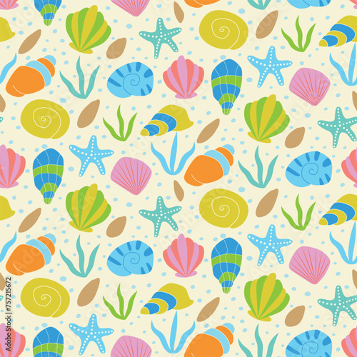 colorful  hand drawn seashells and starfish, stones, sea plants and little bubbles seamless pattern on light yellow background. Perfect for summer fabric, textile, swimwear and wrapping paper.