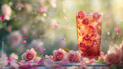 Sparkling raspberry drink surrounded by pink roses on a sunny day, creating a romantic atmosphere