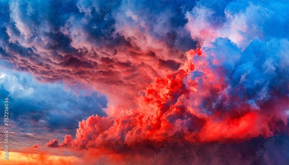 Dramatic sky with red and blue clouds at sunset. Nature background