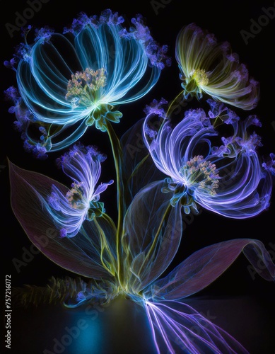 Beautiful flowers on black background. Fantasy fractal design. Psychedelic digital art.