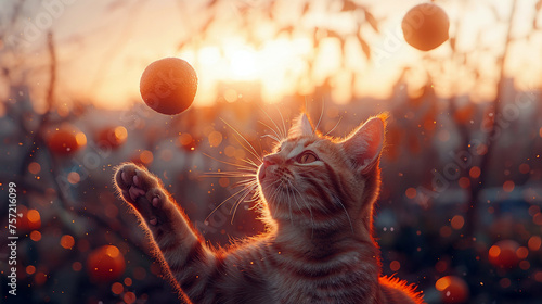 A cat juggling oranges