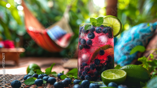 Outdoor setting with a mojito cocktail full of blueberries and a lime slice, symbolizing tropical relaxation