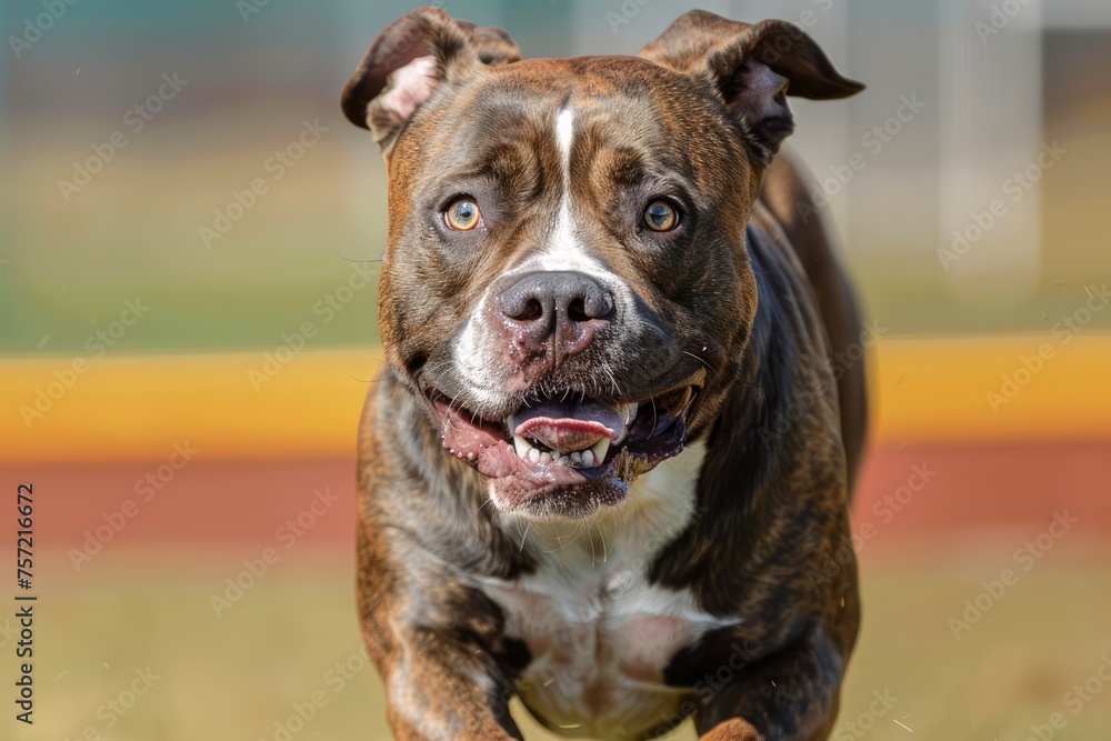 Energetic Pit Bull Dog Running Eagerly on a Sunny Day at the Dog Park with Vivid Colors