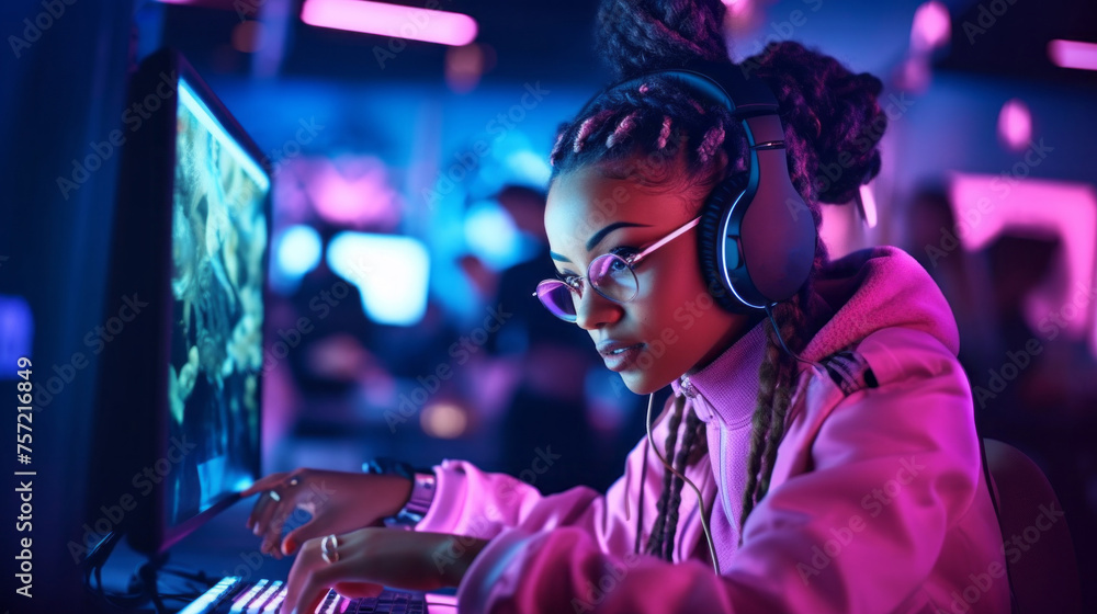 A young African-American girl, a gamer streamer in glasses and headphones, playing online fights, Racing in a room with neon lighting. Cyber Sports, Team Games, Esports, Hobby concepts.