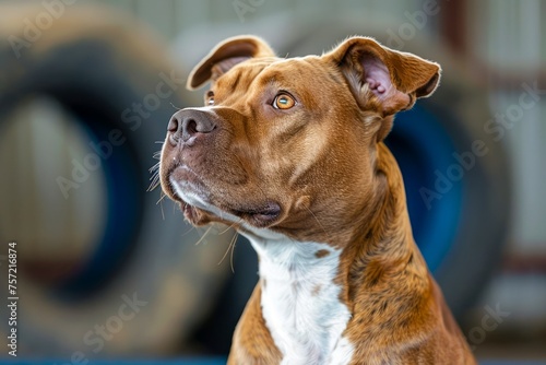 Attentive Brown and White Pitbull Dog with Soulful Eyes in a Clear Animal Shelter Background © pisan