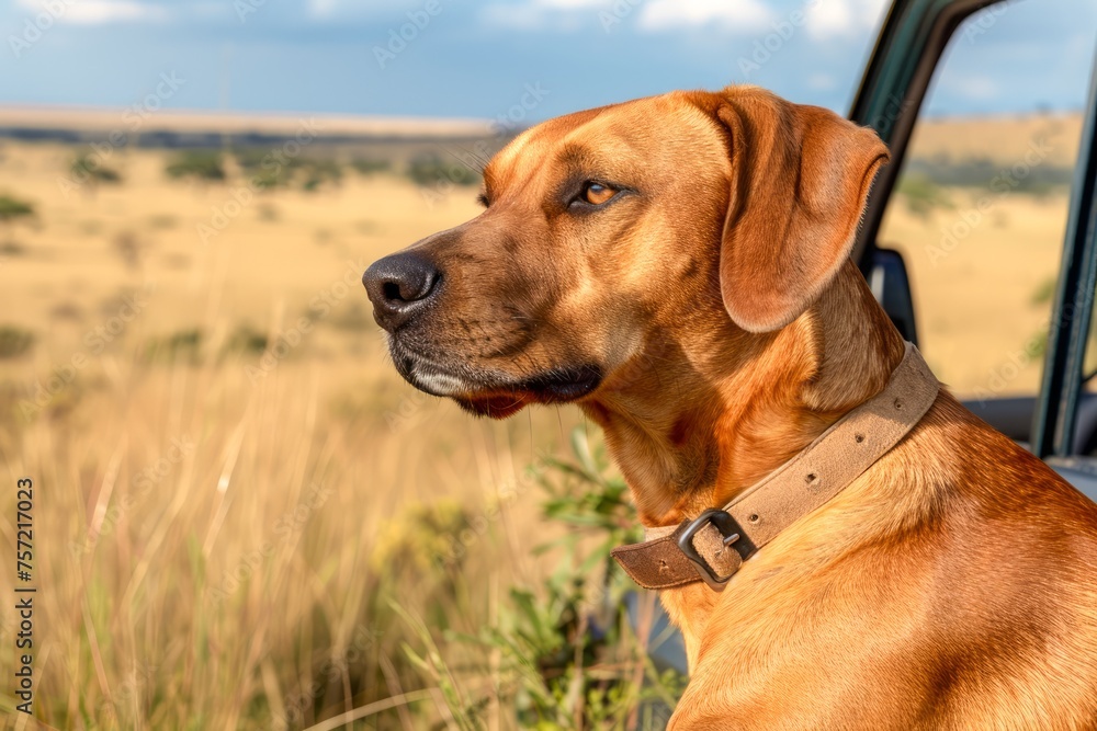 Attentive Labrador Retriever Dog Gazing into Distance from Car in Picturesque Savannah Landscape