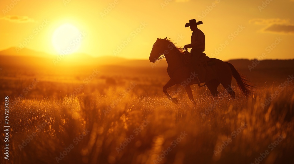 a man riding a horse in a field of tall grass - obrazy, fototapety, plakaty 